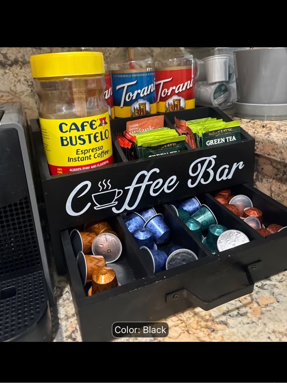 Black Coffee Bar Organizer - Countertop Capsule & Pod Storage